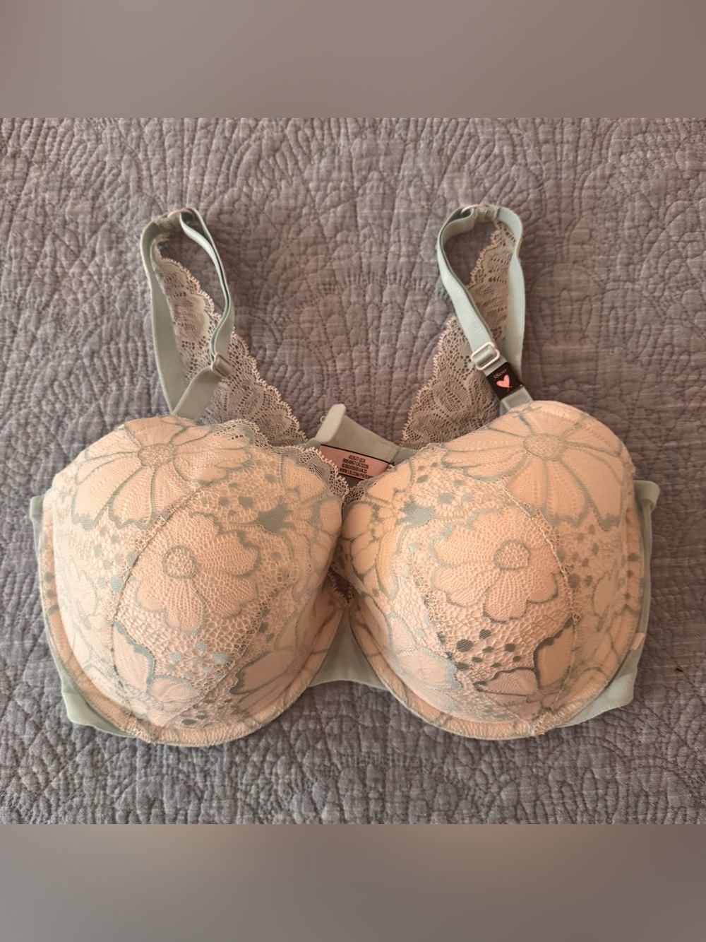 Lace Overlay Padded Bra - ivory and blue